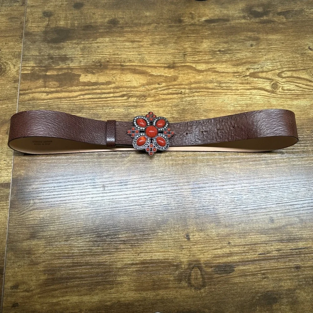 Harold's Leather Belt Brown ‎ MADE IN ITALY Red Rhinestones Medium Boho Western